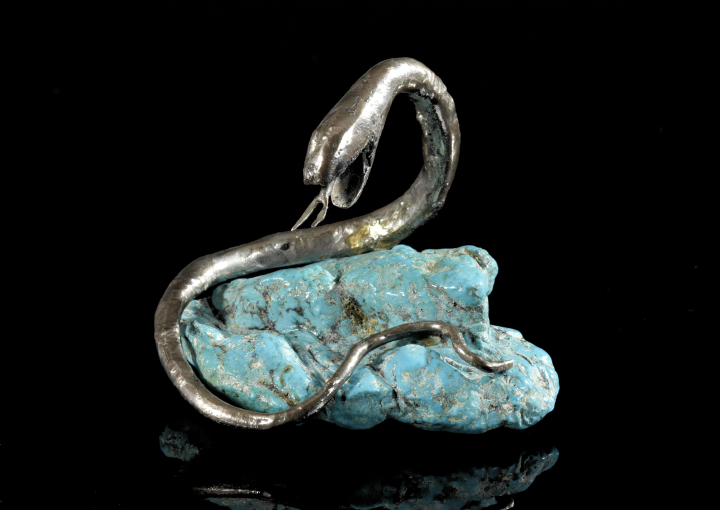 Appraisal: Unusual Specimen Turquoise and Silvered Metal Serpentine Desk Ornament composed