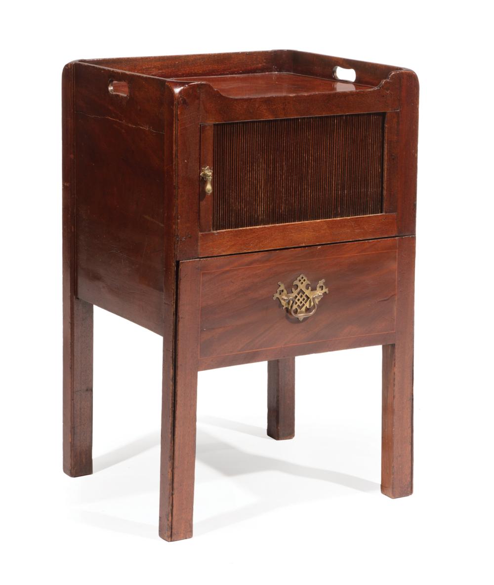 Appraisal: George III Inlaid Mahogany Tray-Top Bedside Commode c tambour door