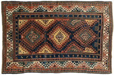 Appraisal: Caucasian rug three central medallions with conforming hook borders ft