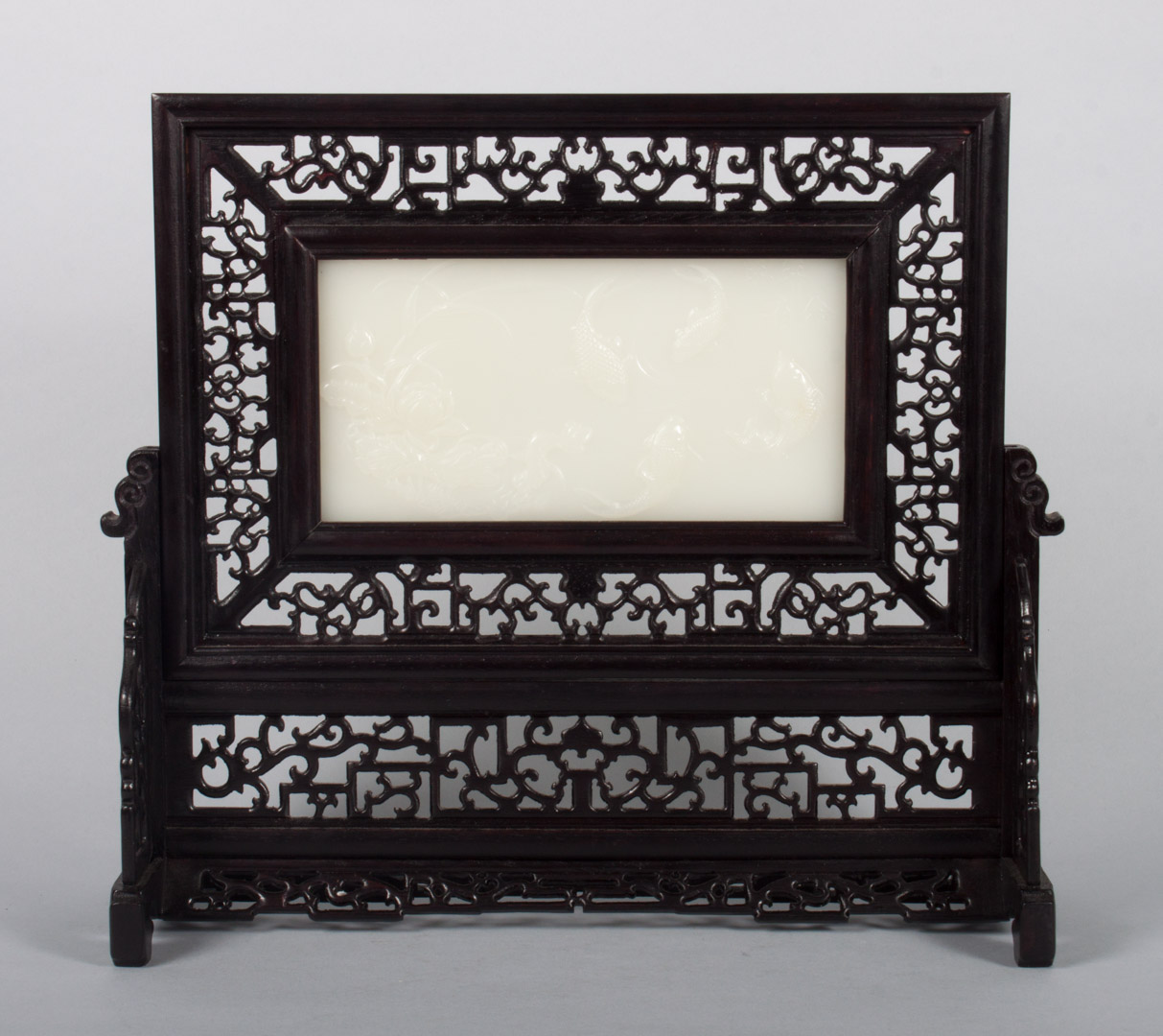 Appraisal: Chinese carved jade wood miniature table screen reticulated carved wood