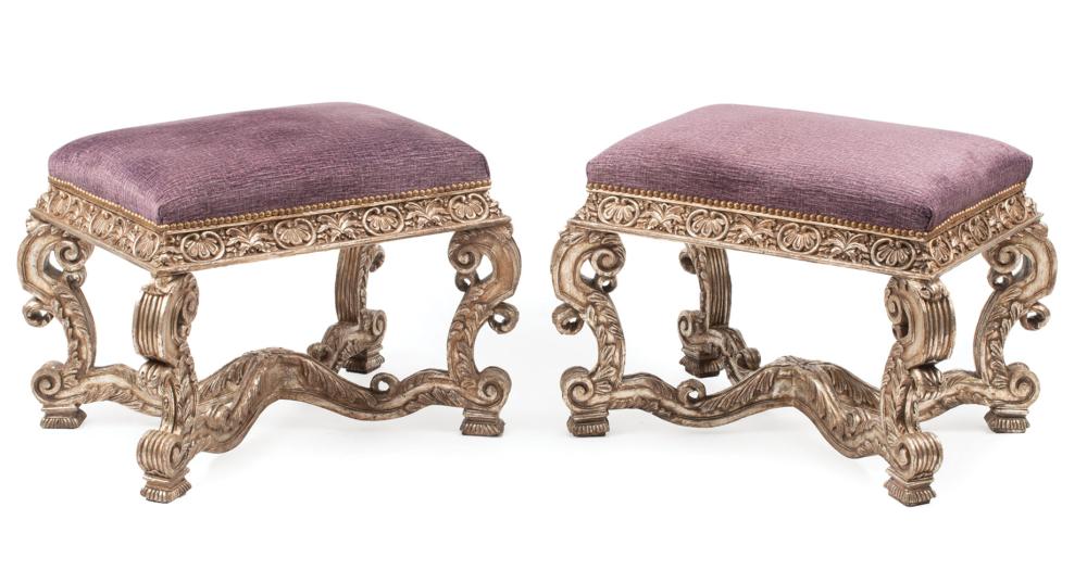 Appraisal: Pair of Baroque-Style Silver Gilt Carved Wood Benches raised tapered