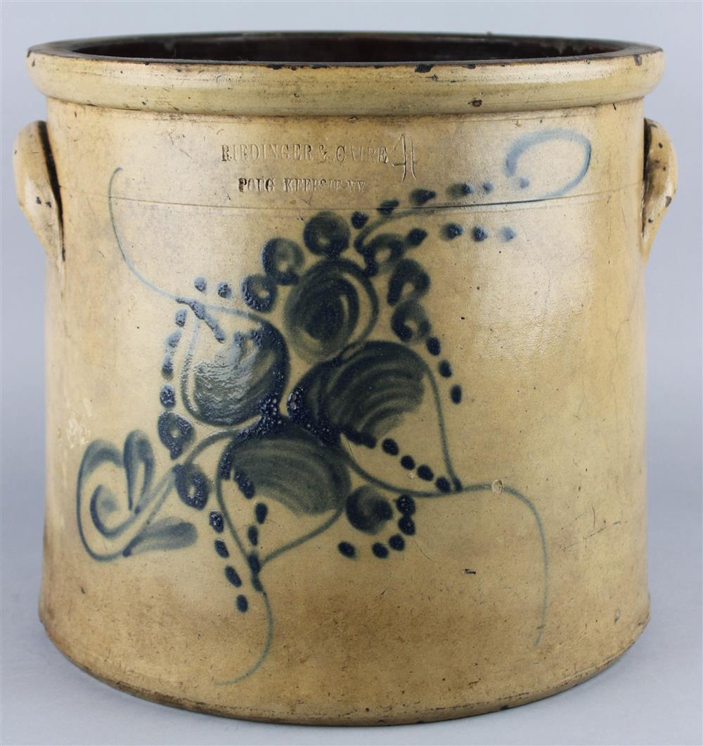 Appraisal: RIEDINGER CAIRE POUGHKEEPSIE NEW YORK SALT-GLAZED STONEWARE FOUR GALLON CROCK