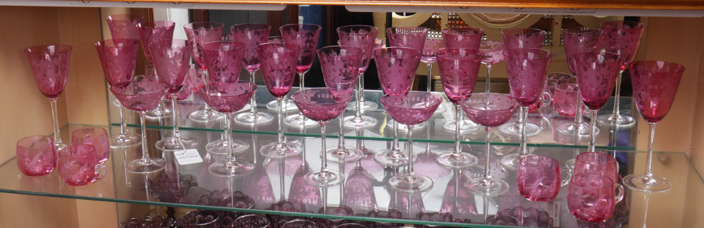 Appraisal: ETCHED CRANBERRY GLASS STEMWARE Approx pieces to include wine stems