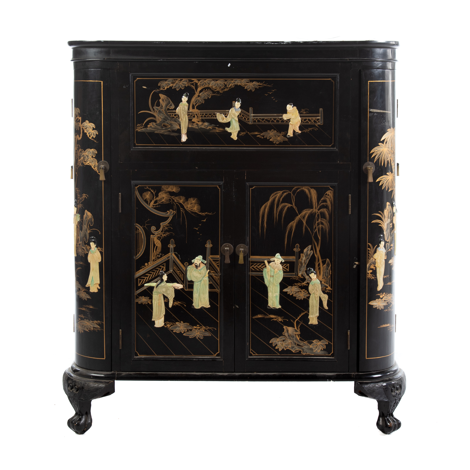 Appraisal: CHINOISERIE STYLE LACQUERED CABINET With hardstone relief decorations and gilt