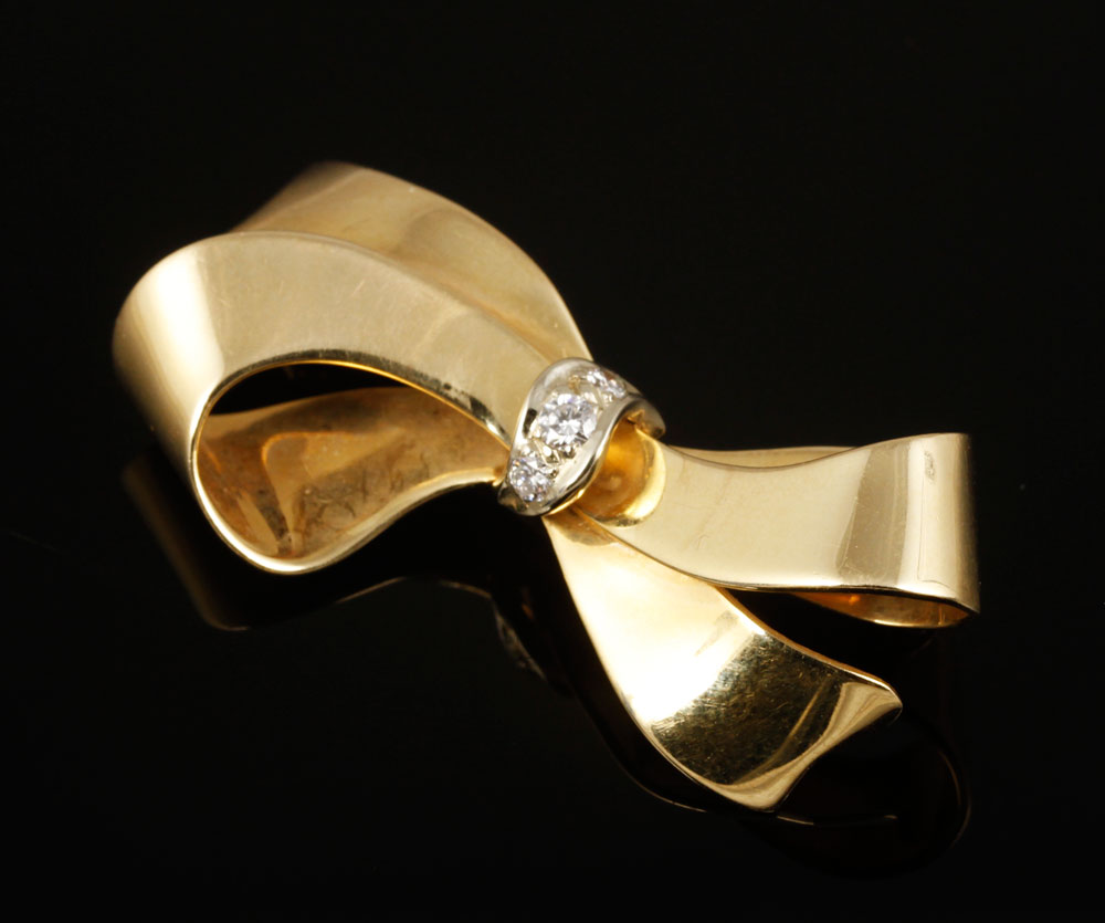 Appraisal: - K Gold and Diamond Bow Pin K yellow gold