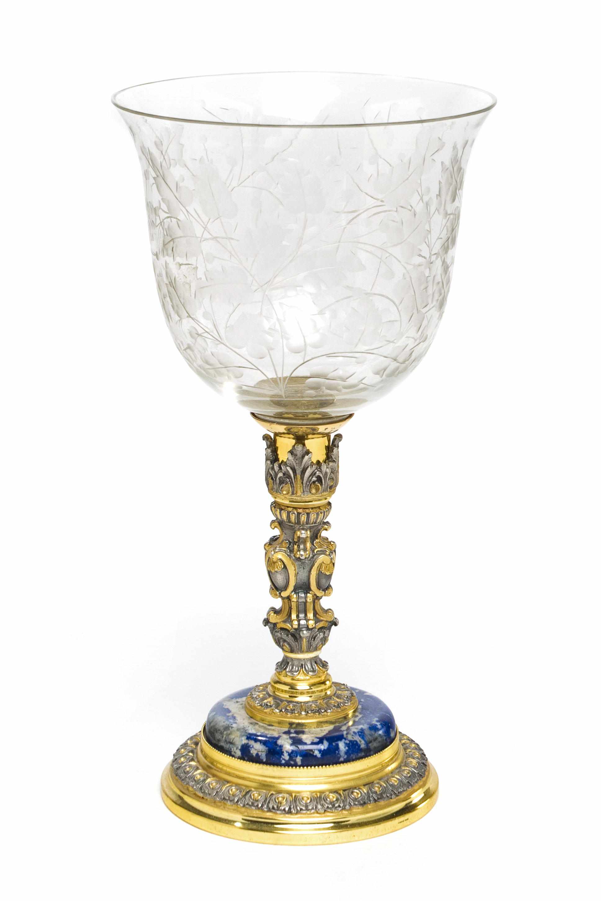 Appraisal: An Italian standard silver-gilt patinated and lapis mounted engraved glass