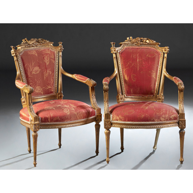 Appraisal: Pair of French Carved Giltwood Louis XVI Style Fauteuils early