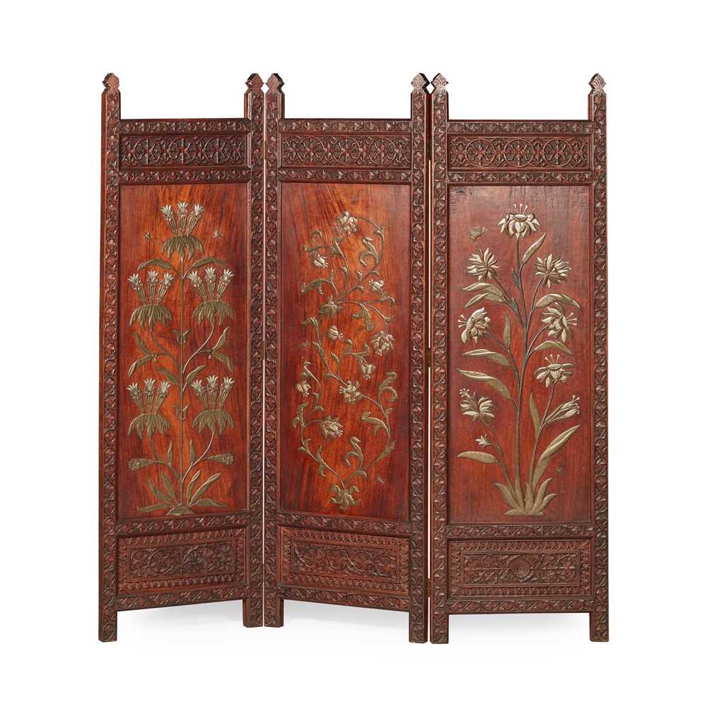 Appraisal: INDIAN PADOUK AND METAL INLAID THREE PANEL SCREEN EARLY TH