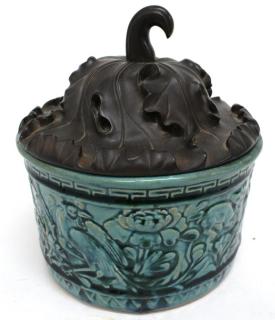 Appraisal: Chinese Glazed Earthenware Jar Carved Gourd Lid Chinese ceramic container