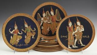 Appraisal: Group of Seven Thai Painted Circular Mahogany Plaq Group of