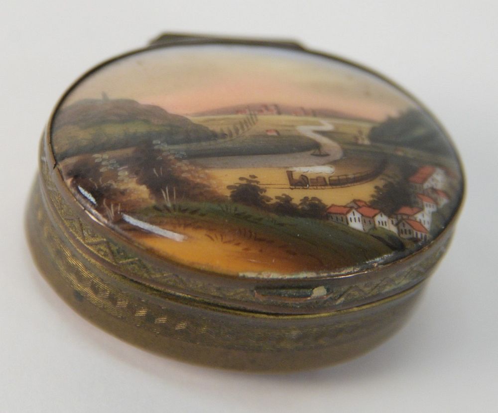 Appraisal: Brass Box with Enameled Top with train boat village having