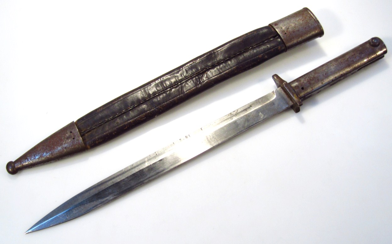 Appraisal: An early thC bayonet and leather scabbard with metal ends