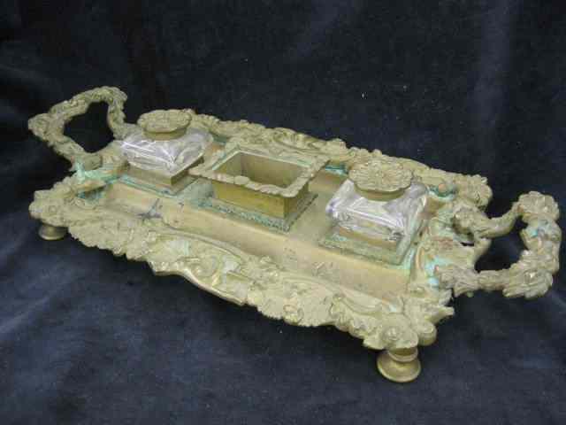 Appraisal: Victorian Brass Inkstand double well hunting dog motif '' x