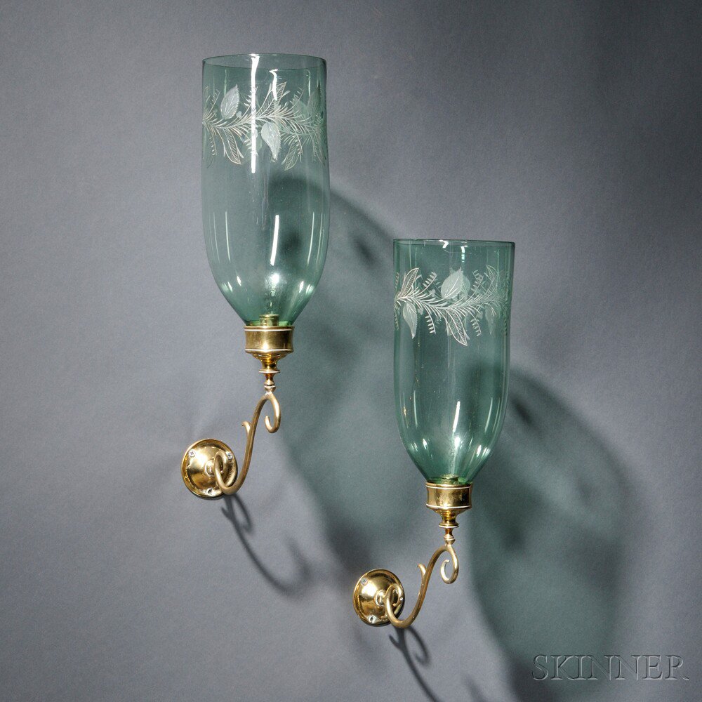 Appraisal: Pair of Brass and Glass Candle Sconces America or England