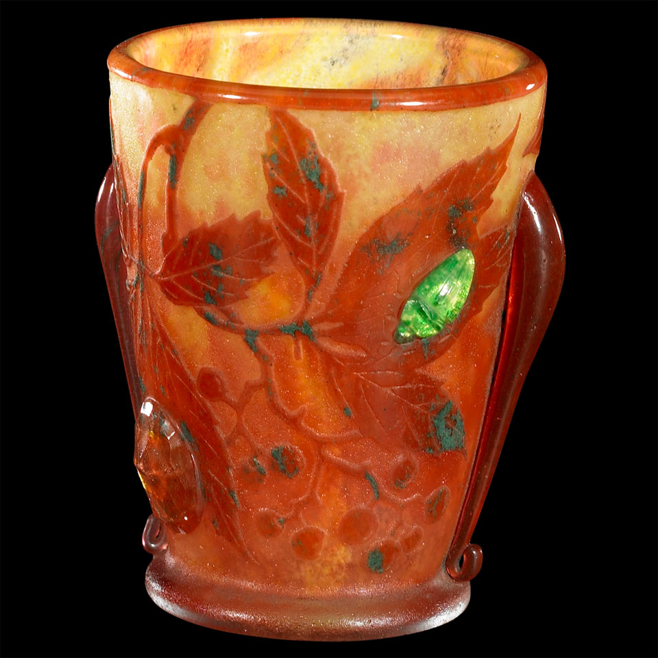 Appraisal: Daum Applied and Cameo Decorated Glass Vase c engraved DAUM