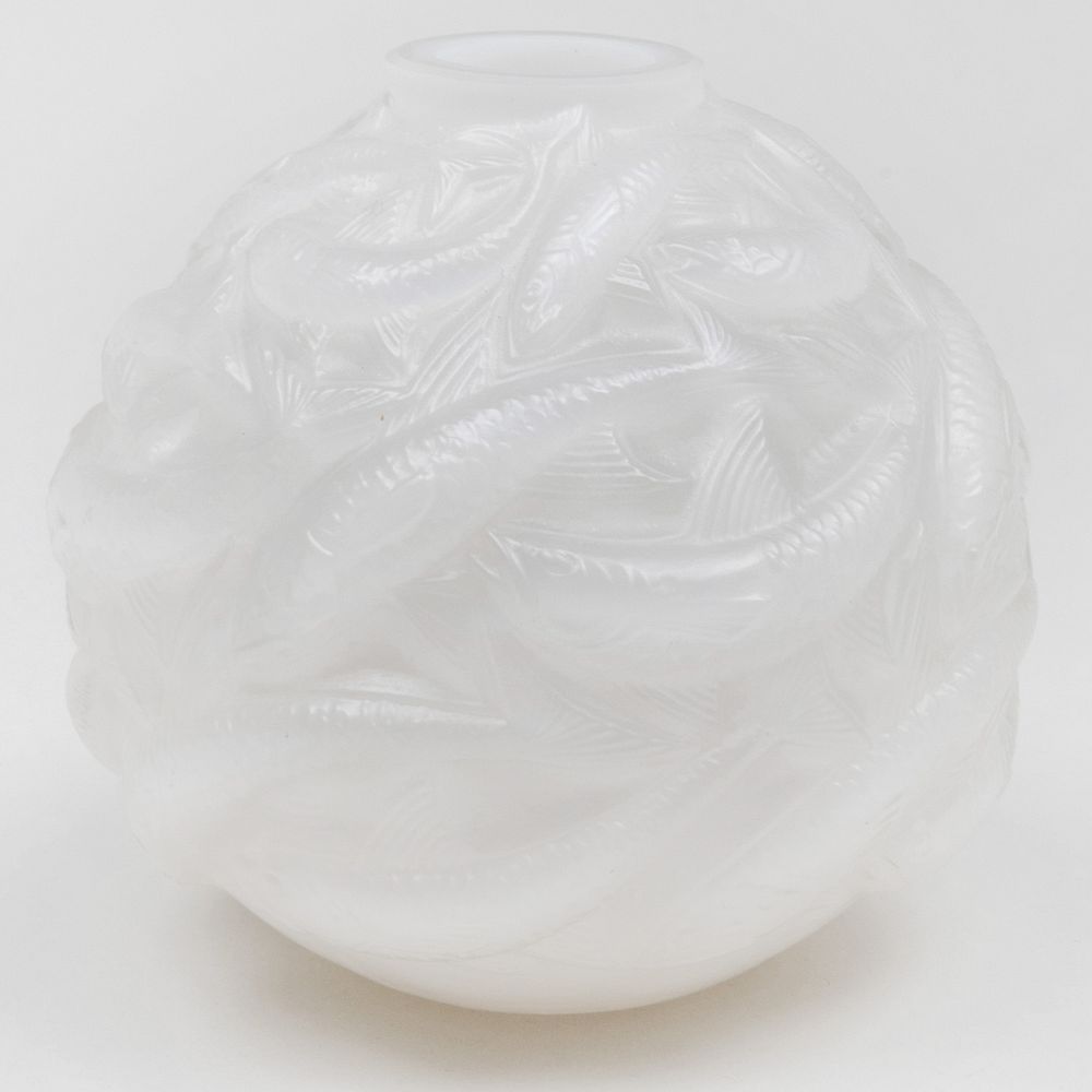 Appraisal: Lalique Glass Vase Molded with Fish Signed in etch 'R