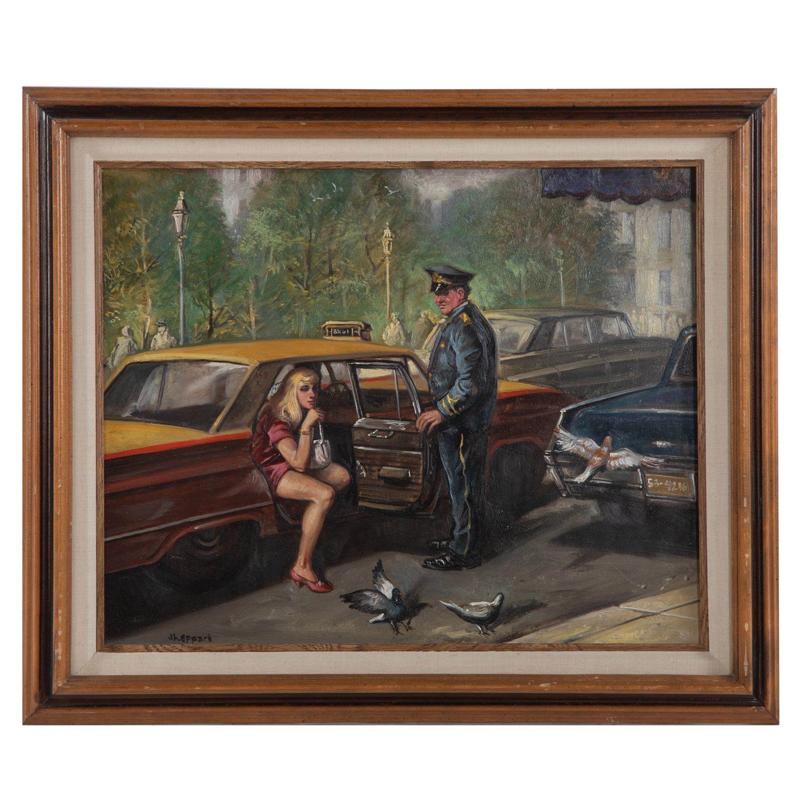 Appraisal: JOSEPH SHEPPARD WOMAN EXITING TAXI OIL American b Oil on