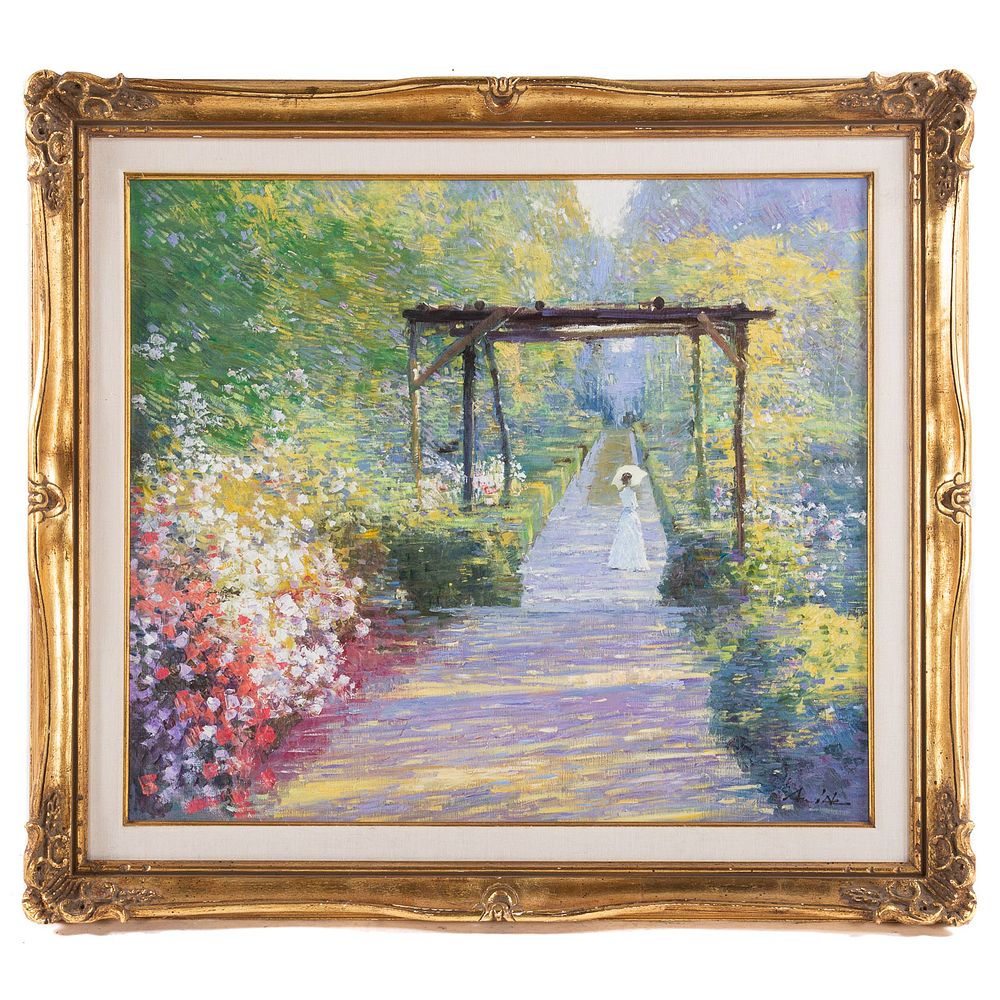 Appraisal: Hans Amie Walking Down a Garden Path Oil Chinese b