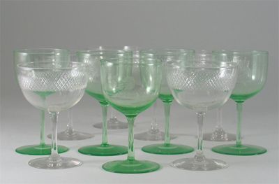 Appraisal: Eight lime green wine glasses and fifteen shallow wines th