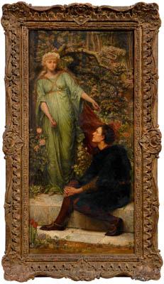 Appraisal: Pre-Raphaelite painting woman holding an apple man seated on a