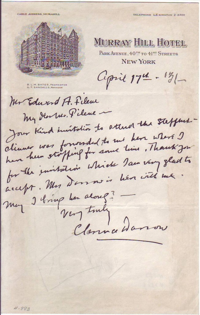 Appraisal: DARROW CLARENCE Autograph Letter Signed to Edward A Filene accepting