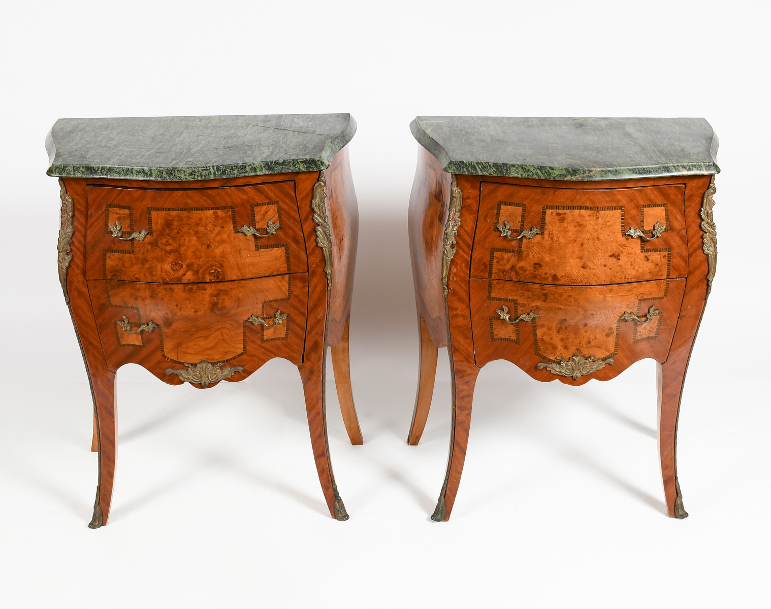 Appraisal: PAIR OF FRENCH STYLE MARBLE TOP INLAID STANDS Variegated green