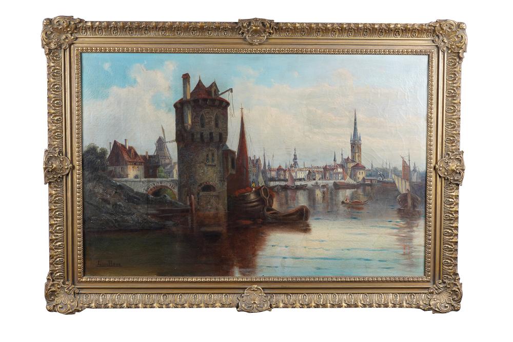 Appraisal: DUTCH SCHOOL CITY BY THE HARBOR oil on canvas signed