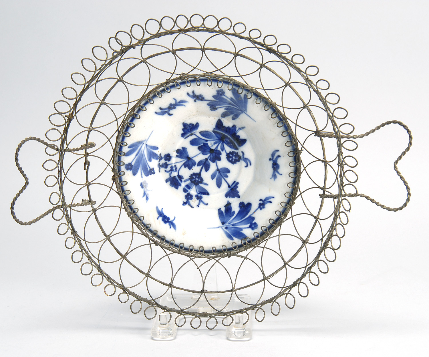 Appraisal: FRENCH WIRE-RIM EGG BASKET with blue and white porcelain plate