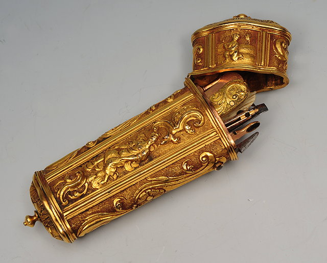 Appraisal: A TH CENTURY FRENCH GILT METAL ETUI repouss decorated with