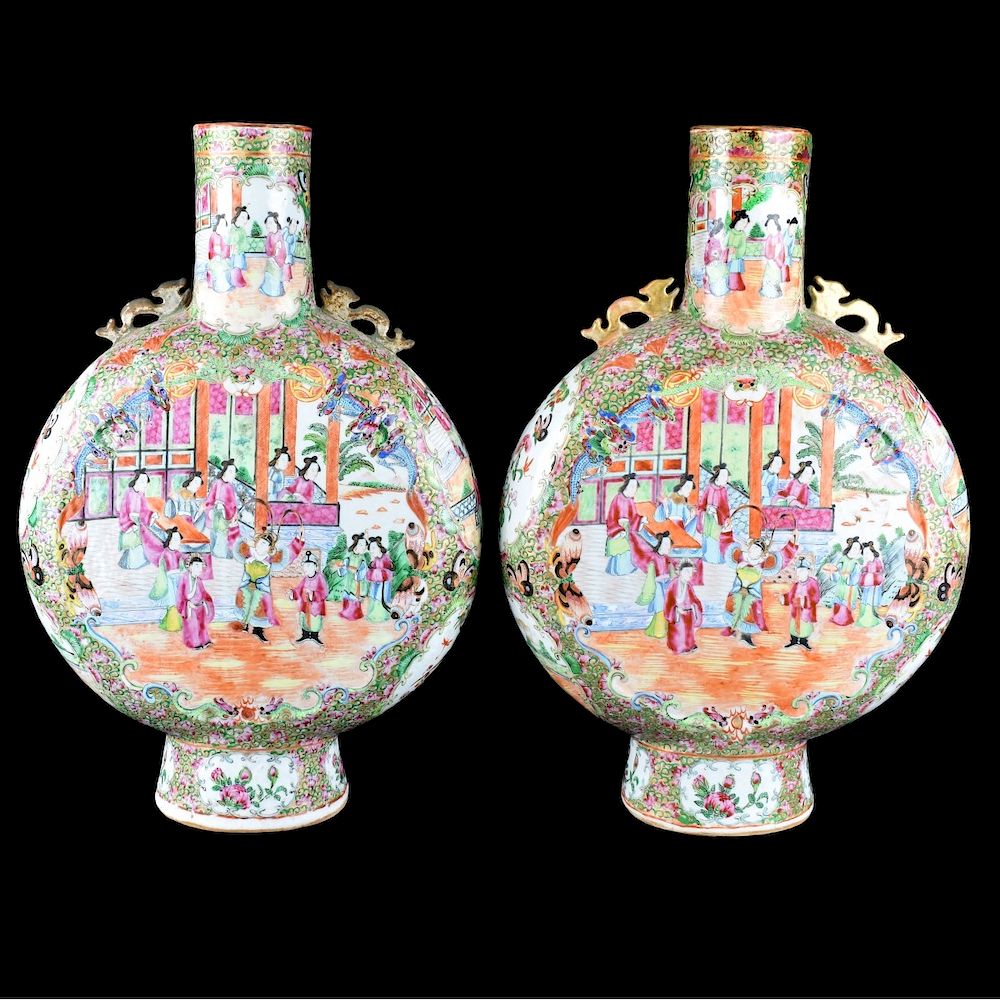 Appraisal: Chinese Export Rose Medallion Moon Flask Vases Large Pair of