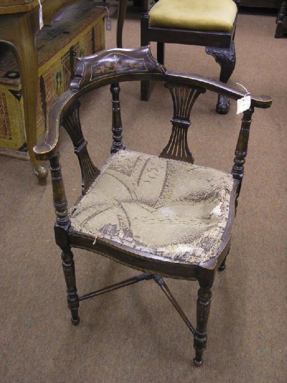 Appraisal: An Edwardian inlaid mahogany corner fitting armchair with twin pierced