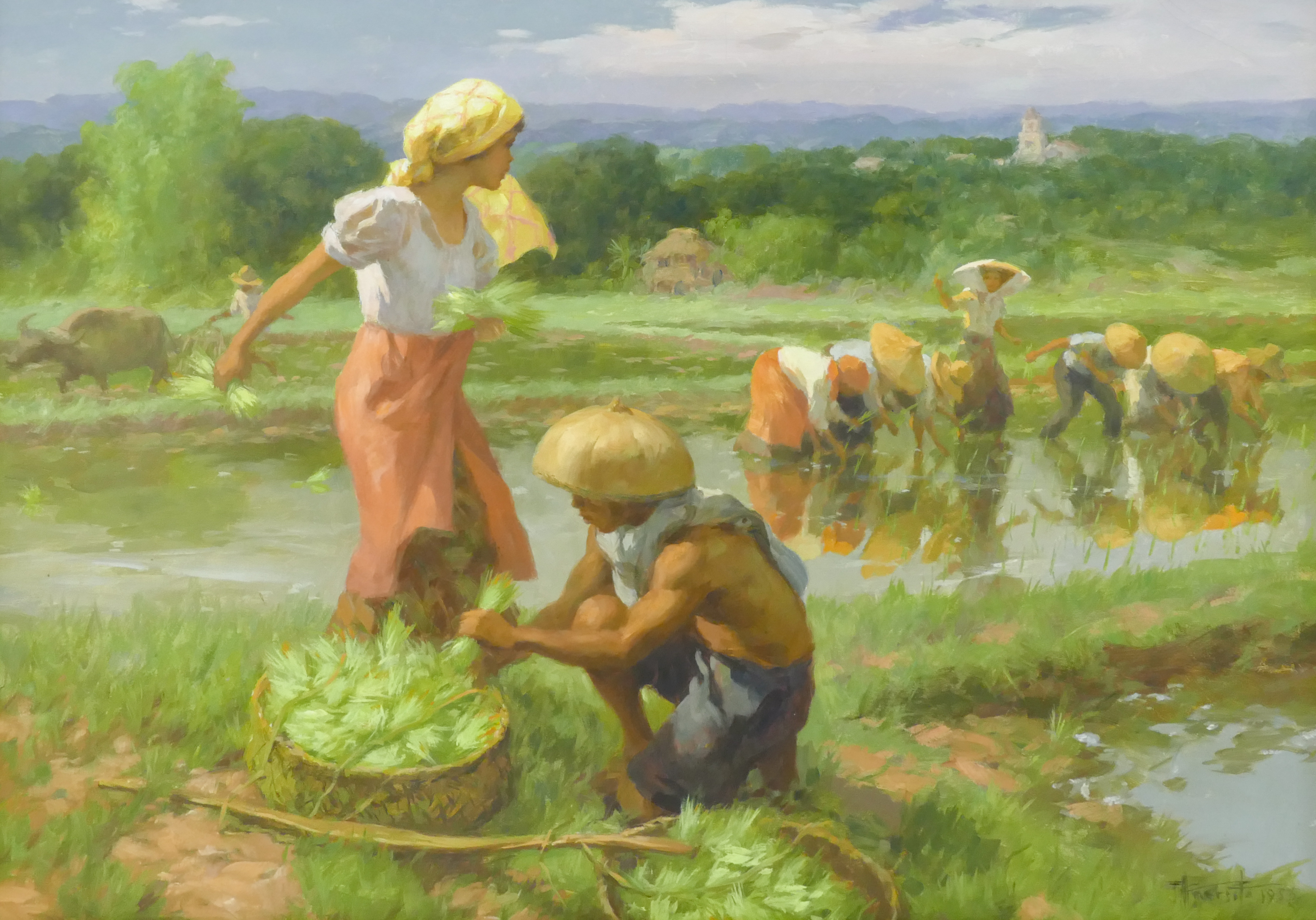 Appraisal: Fernando Amorsolo - Philippines 'Planting' Rice Oil on Canvas Canvas