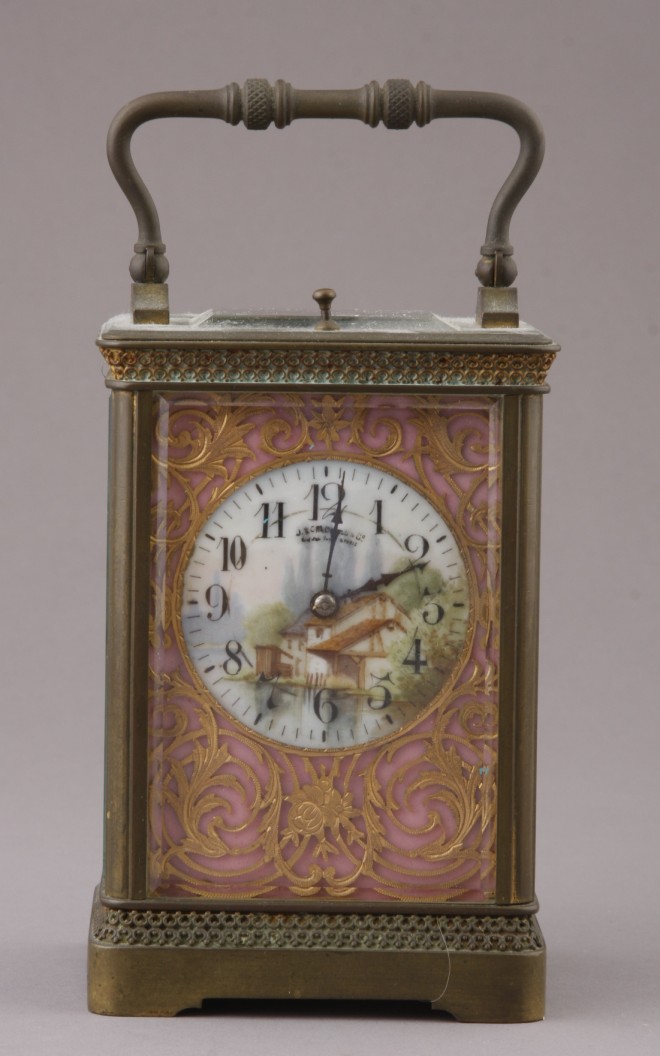 Appraisal: Clock features hand painted dial with a house at water's