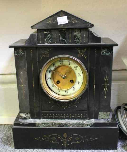 Appraisal: AN VICTORIAN BLACK SLATE MANTEL CLOCK with inlaid marble decoration