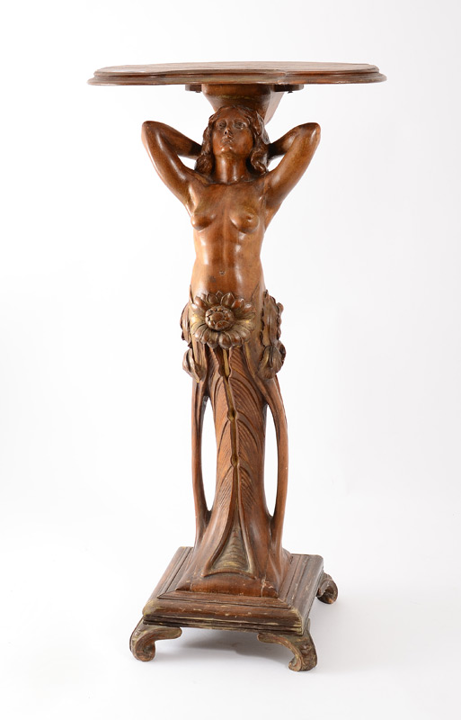 Appraisal: CARVED NUDE NOUVEAU PEDESTAL TABLE Female nude rising from flowers