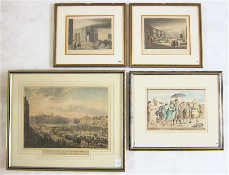 Appraisal: FOUR BRITISH HAND COLORED ETCHINGS Three by Thomas Rowlandson Pugin