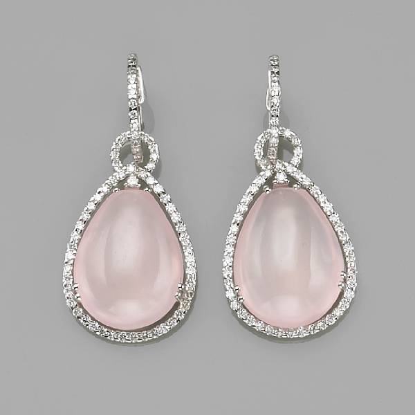 Appraisal: A pair of rose quartz diamond and k white gold