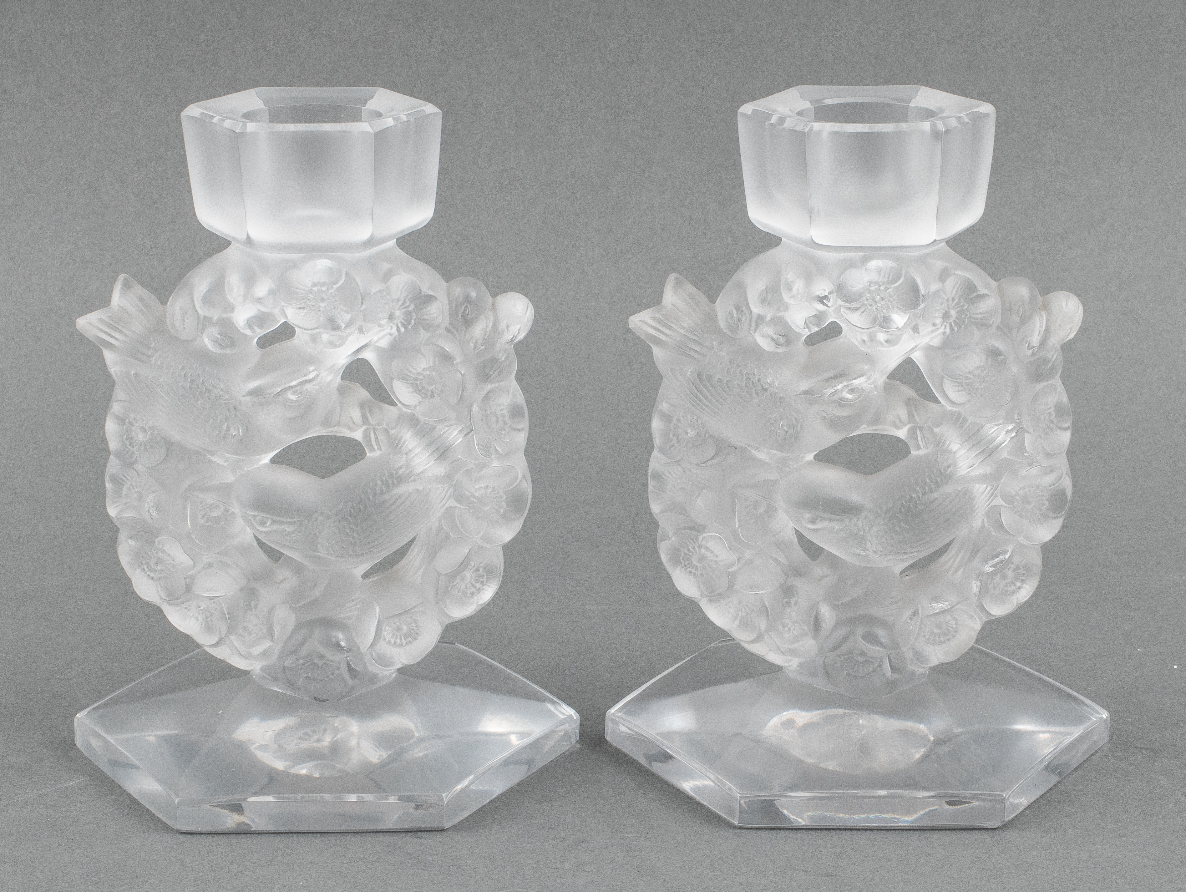 Appraisal: RENE LALIQUE MESANGES CANDLESTICKS PAIR Pair of Rene Lalique French