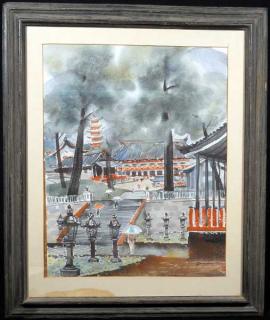 Appraisal: VINTAGE WATERCOLOR c Dorothy Tuma Chinese Pagoda Lamps Decorative Details