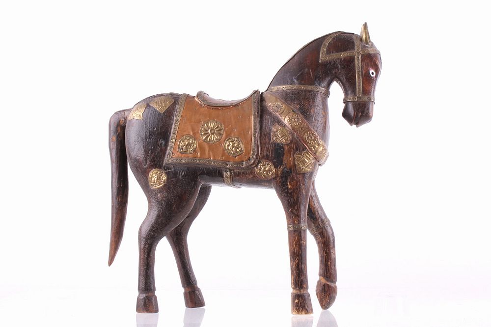 Appraisal: Castilian Horse Sculpture w Copper Adornments For your consideration is