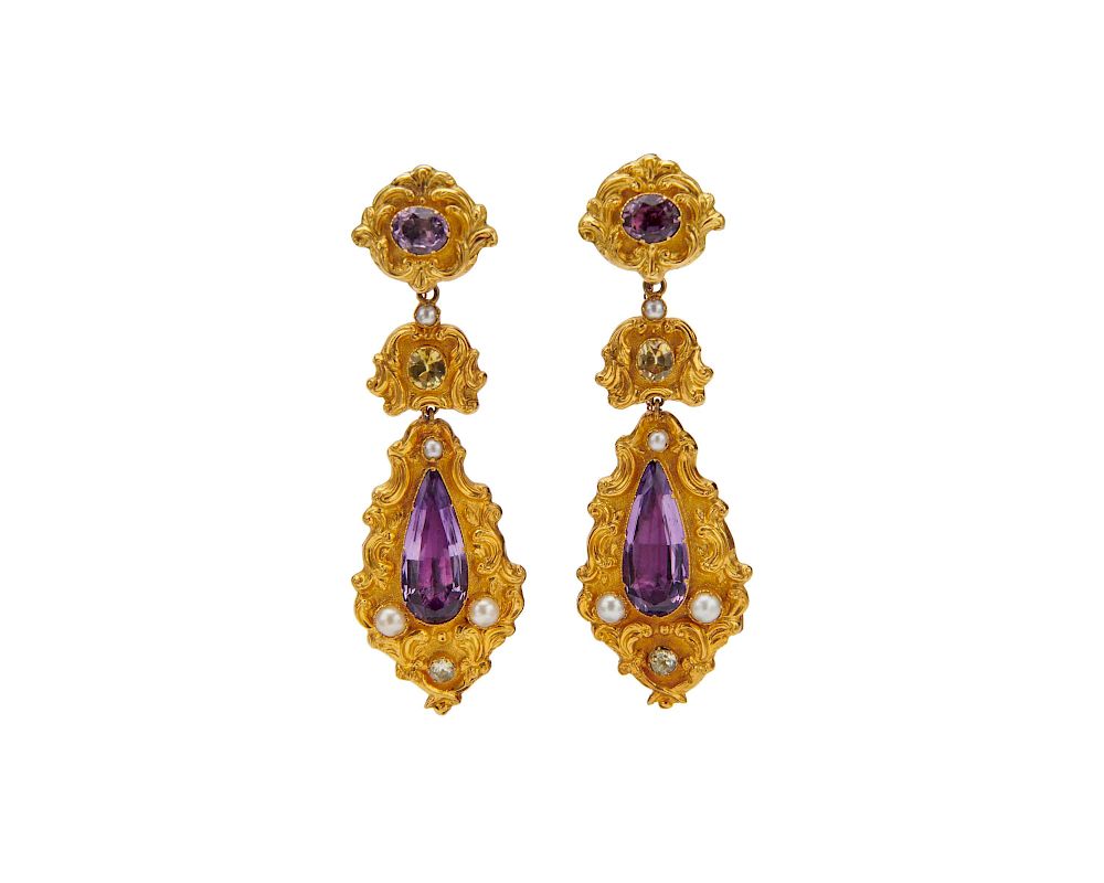 Appraisal: K Gold Amethyst Topaz and Pearl Pendant Earrings K Gold