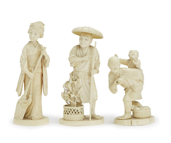 Appraisal: Three Japanese carved ivory figures Meiji period The first carved