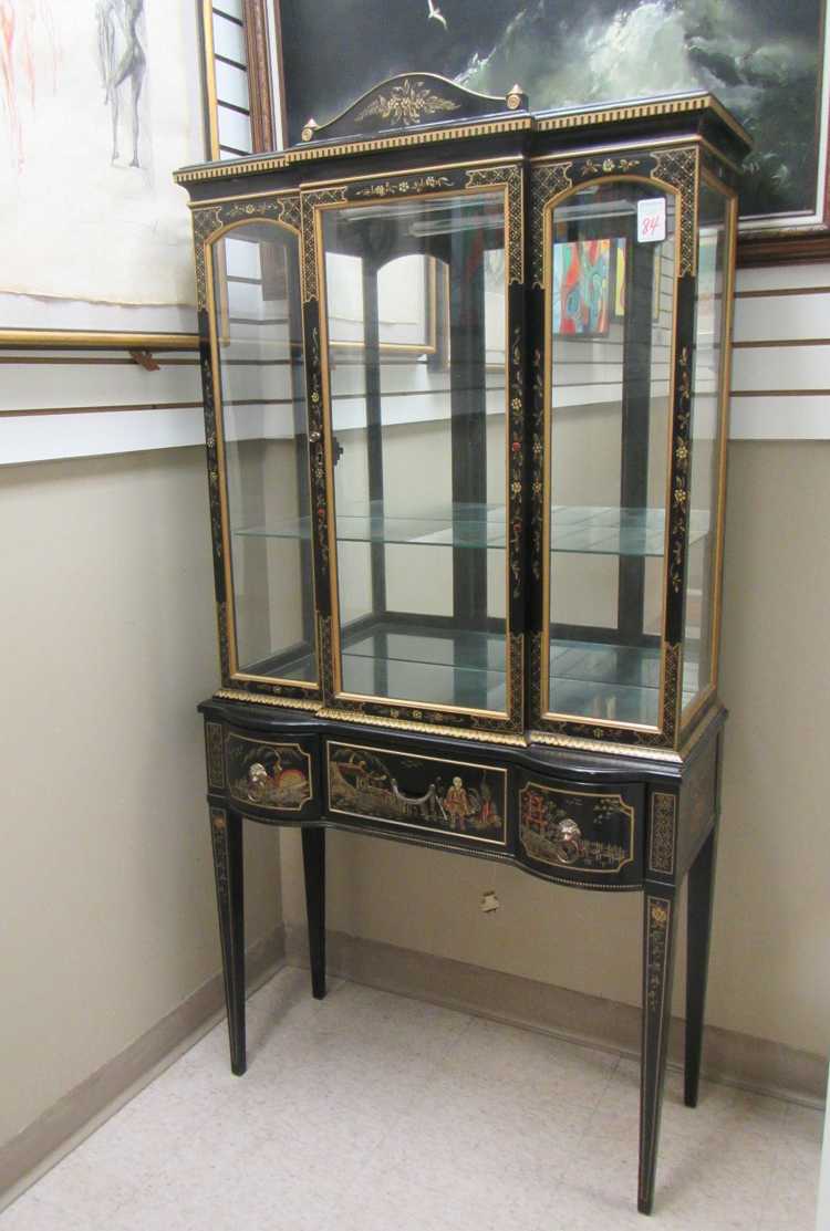 Appraisal: FEDERAL STYLE CHOISERIE-DECORATED BREAKFRONT CURIO CABINET-ON-STAND American late th century