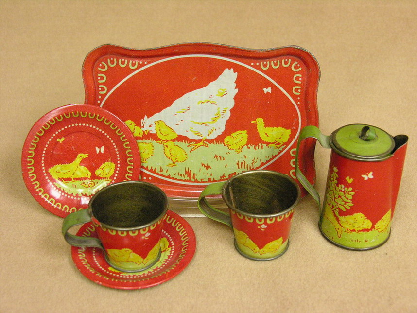 Appraisal: PC CHILDS TIN TEA SET CHICKEN Estate items Size Tea