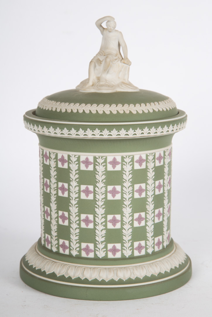 Appraisal: Wedgwood tri-colored diced ware tobacco jar with mourning figure finial