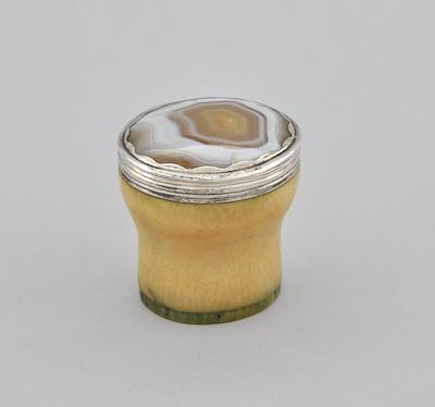 Appraisal: A Continental Ivory Box With Agate Lid Cylindrical box of