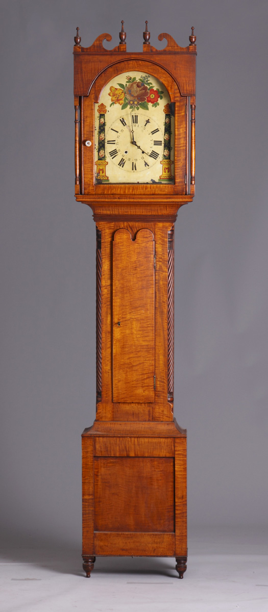 Appraisal: PA Tiger Maple Tall Case Clock Early th cent Carved