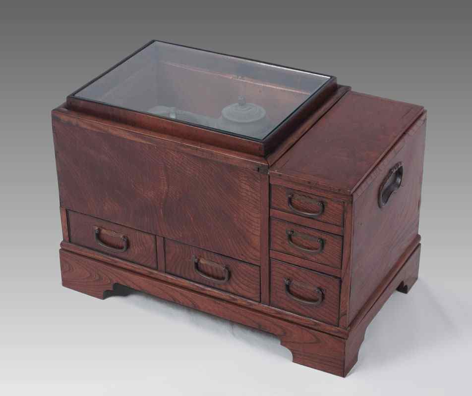 Appraisal: JAPANESE COPPER LINED WOOD HIBACHI Copper lined basin over drawers