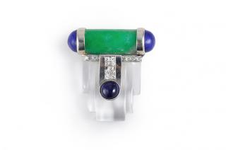 Appraisal: Art Deco Platinum Diamond Crystal Jade Brooch Art Deco platinum