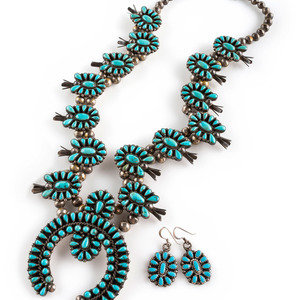 Appraisal: Zuni Petit Point Turquoise Cluster Squash Blossom Necklace AND Hook